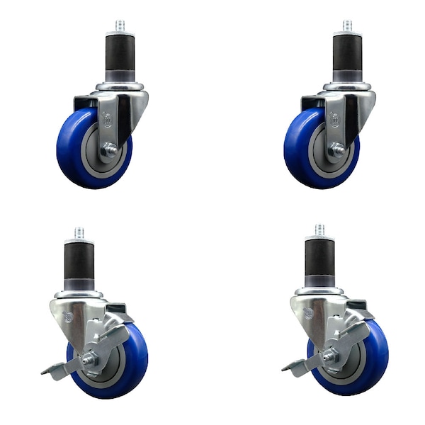 Service Caster 3.5'' SS Blue Poly Wheel Swivel 1-5/8'' Expanding Stem Caster Set 2 Brakes, 4PK SCC-SSEX20S3514-PPUB-BLU-2-TLB-2-158 - main